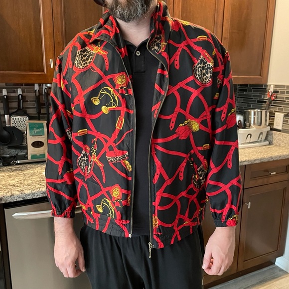 EVR Vintage 100% Silk Gold Accessories Gold Belts Print Red Zip Up Bomber Jacket - Picture 11 of 12